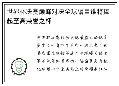 世界杯决赛巅峰对决全球瞩目谁将捧起至高荣誉之杯