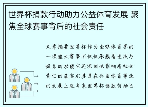 世界杯捐款行动助力公益体育发展 聚焦全球赛事背后的社会责任